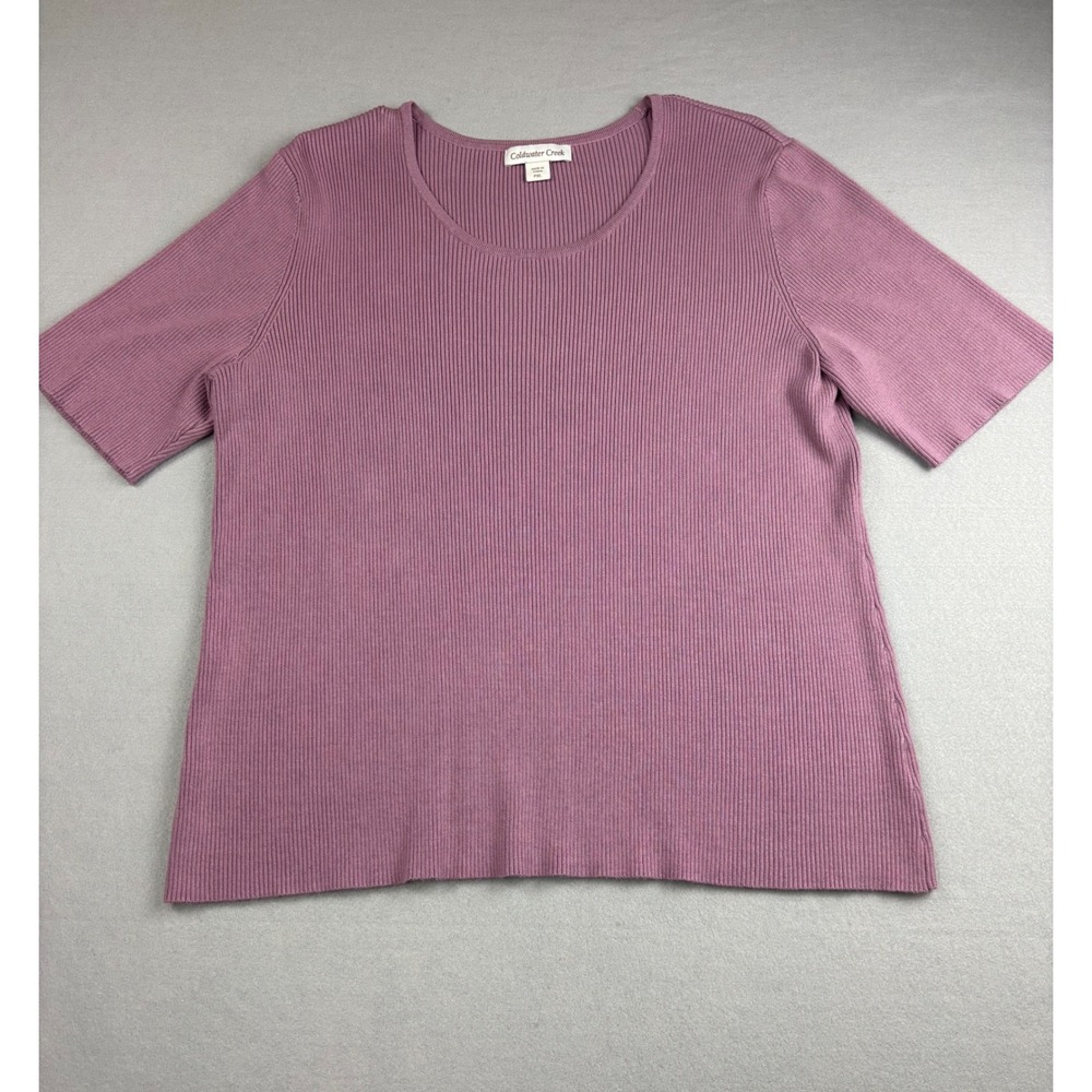 Coldwater Creek Short Sleeve Ribbed Knit Sweater Top Womens PXL Mauve Scoop Neck